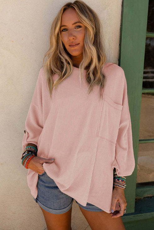 Ribbed Roll-tab Sleeve Chest Pocket Oversize Top